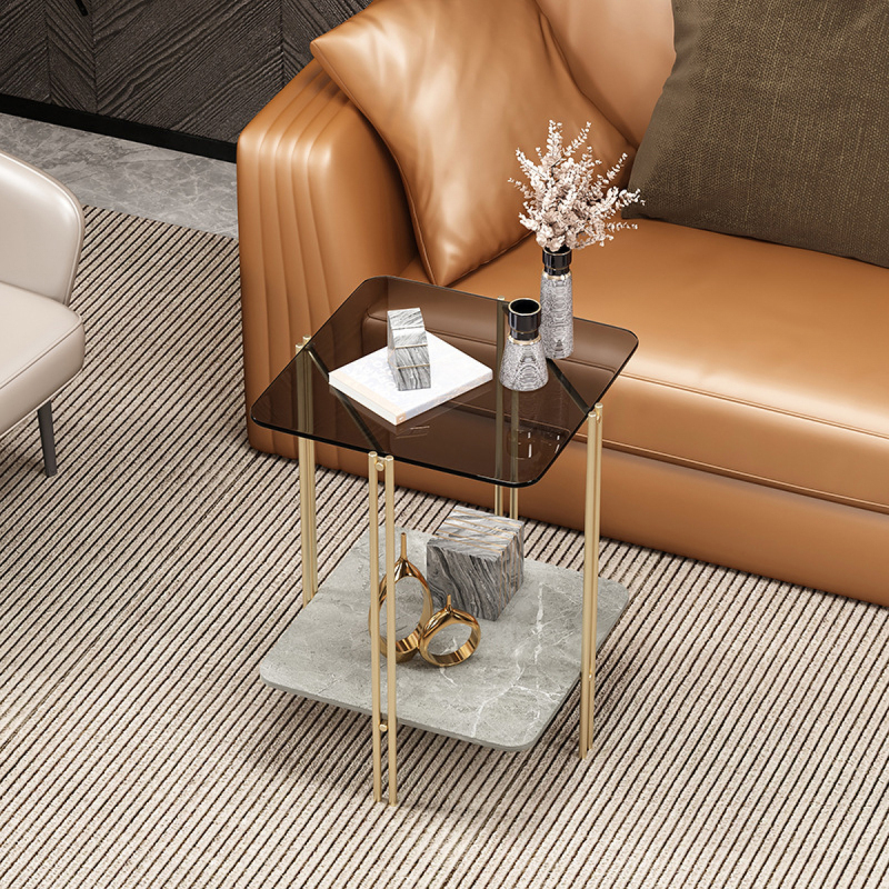 Matorino -Nordic side table, simple apartment glass sofa End table, 2-tier round table Glass Sofa Side Cabinet Slate, Light Luxury Creative Corner Table.