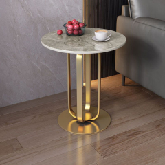 Matorino -Side Table, Modern Minimalist Round Slate Nightstand, Multifunctional White Top Sofa Coffee Table with Metal Frame, for Living Room and Bedroom.