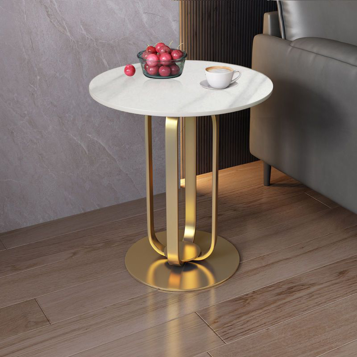 Matorino -Side Table, Modern Minimalist Round Slate Nightstand, Multifunctional White Top Sofa Coffee Table with Metal Frame, for Living Room and Bedroom.
