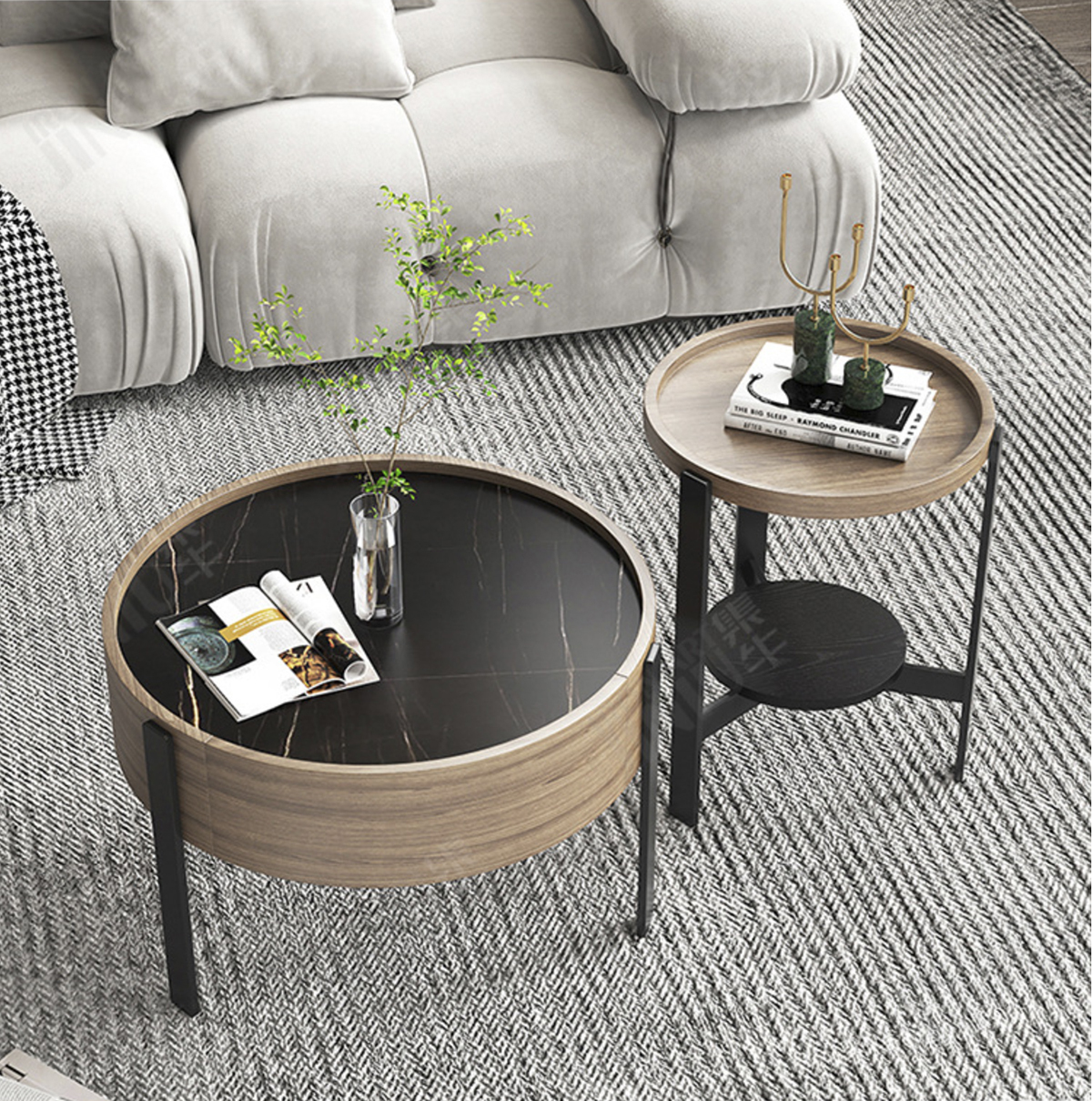 Matorino -Set of 2 Nesting Coffee Tables, Round Coffee Tables Steel Frame Storage Drawer for Small Spaces, Living Room or Lounge.