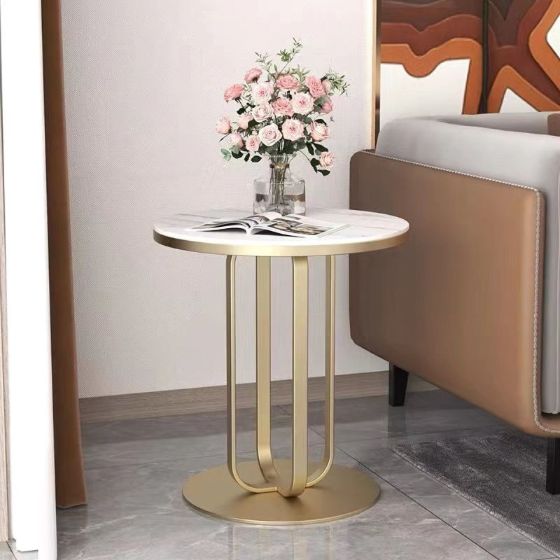 Matorino -Side Table, Modern Minimalist Round Slate Nightstand, Multifunctional White Top Sofa Coffee Table with Metal Frame, for Living Room and Bedroom.