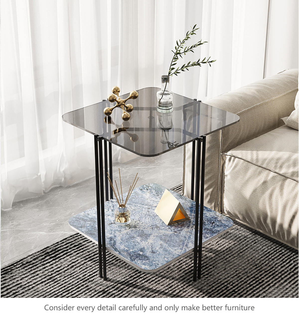 Matorino -Nordic side table, simple apartment glass sofa End table, 2-tier round table Glass Sofa Side Cabinet Slate, Light Luxury Creative Corner Table.