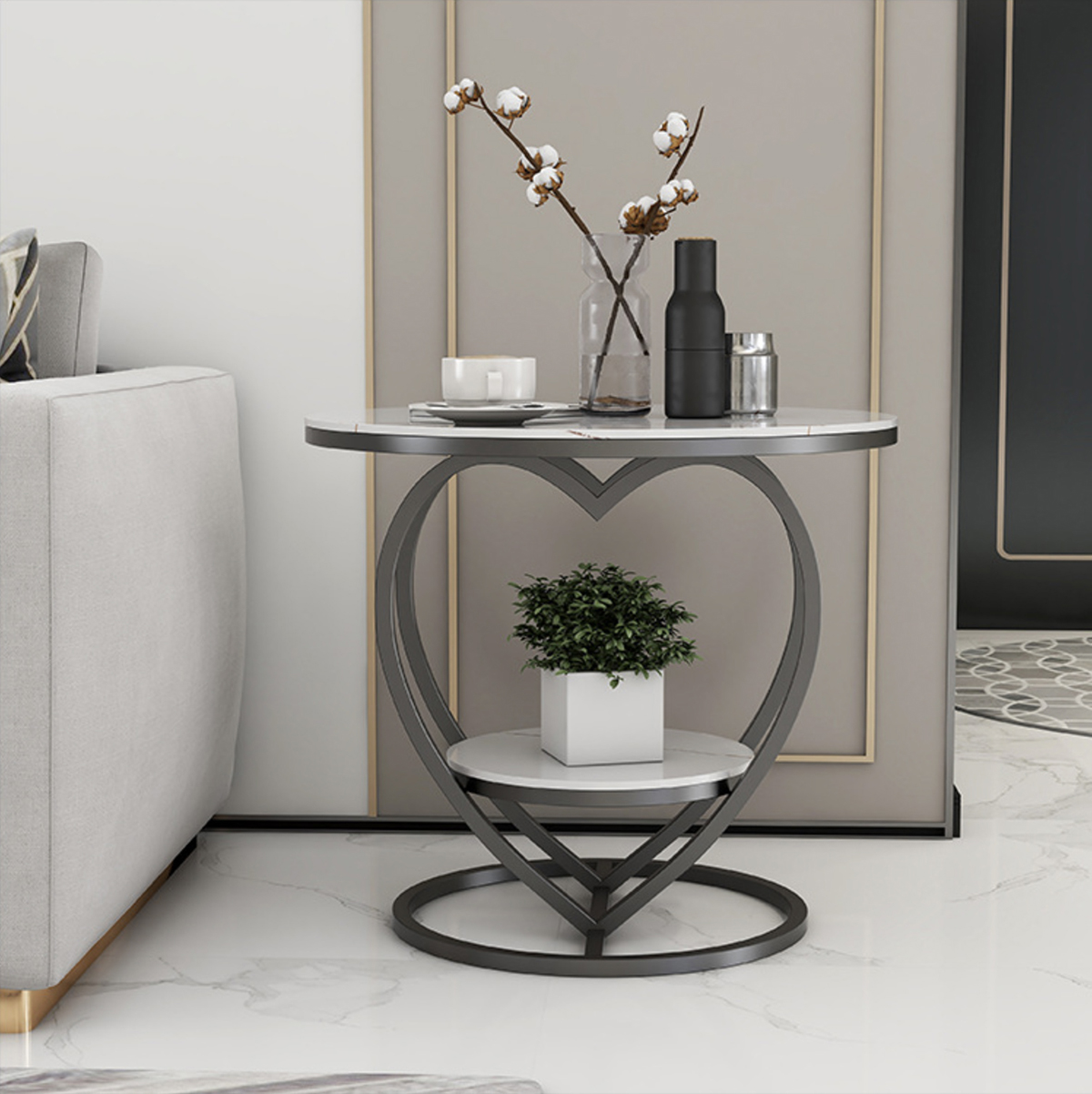 Matorino -Home End Table, Metal Nightstand, Coffee Round Table, Sofa Side Snack Table with Drawer Storage, 2-Tier Style Table for Living Room Bedroom.