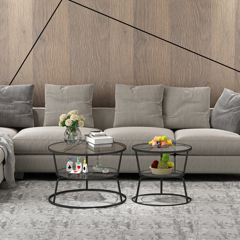 Matorino -End Table, 2 Tier Round Coffee Table with Open Storage Shelf for Living Room, Tempered Glass Table Top, Metal Frame.