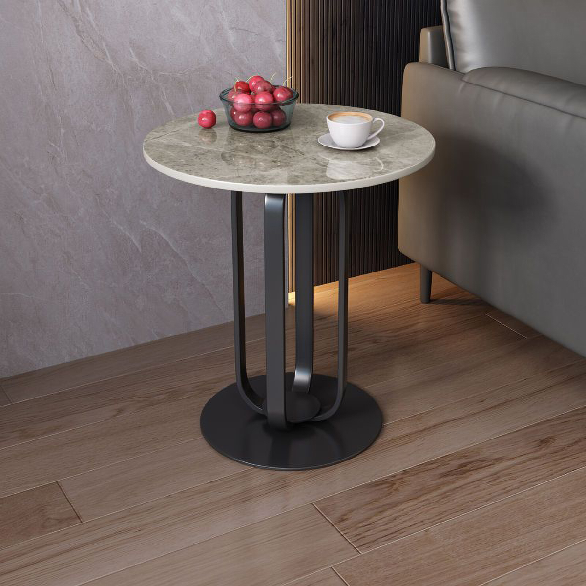Matorino -Side Table, Modern Minimalist Round Slate Nightstand, Multifunctional White Top Sofa Coffee Table with Metal Frame, for Living Room and Bedroom.