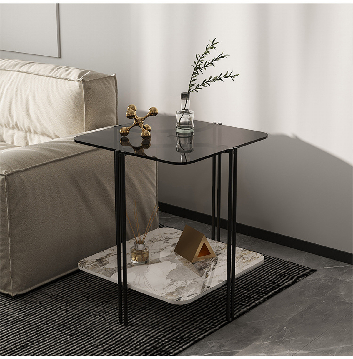 Matorino -Nordic side table, simple apartment glass sofa End table, 2-tier round table Glass Sofa Side Cabinet Slate, Light Luxury Creative Corner Table.