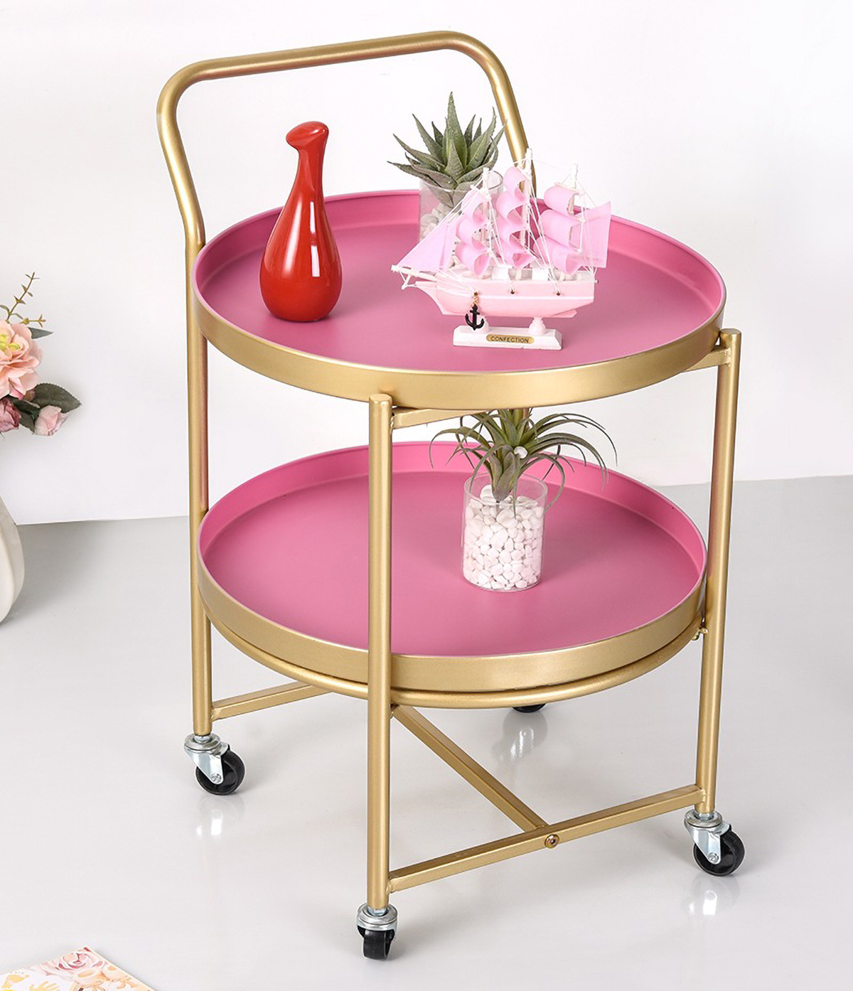 Matorino -Rolling Home Bar Serving Cart, Round Bar Cart, Metal Wine Liquor Cart, Gold Bar Cart 2-Tier & 3-Tier, Modern Mobile Serving Cart with Handle.