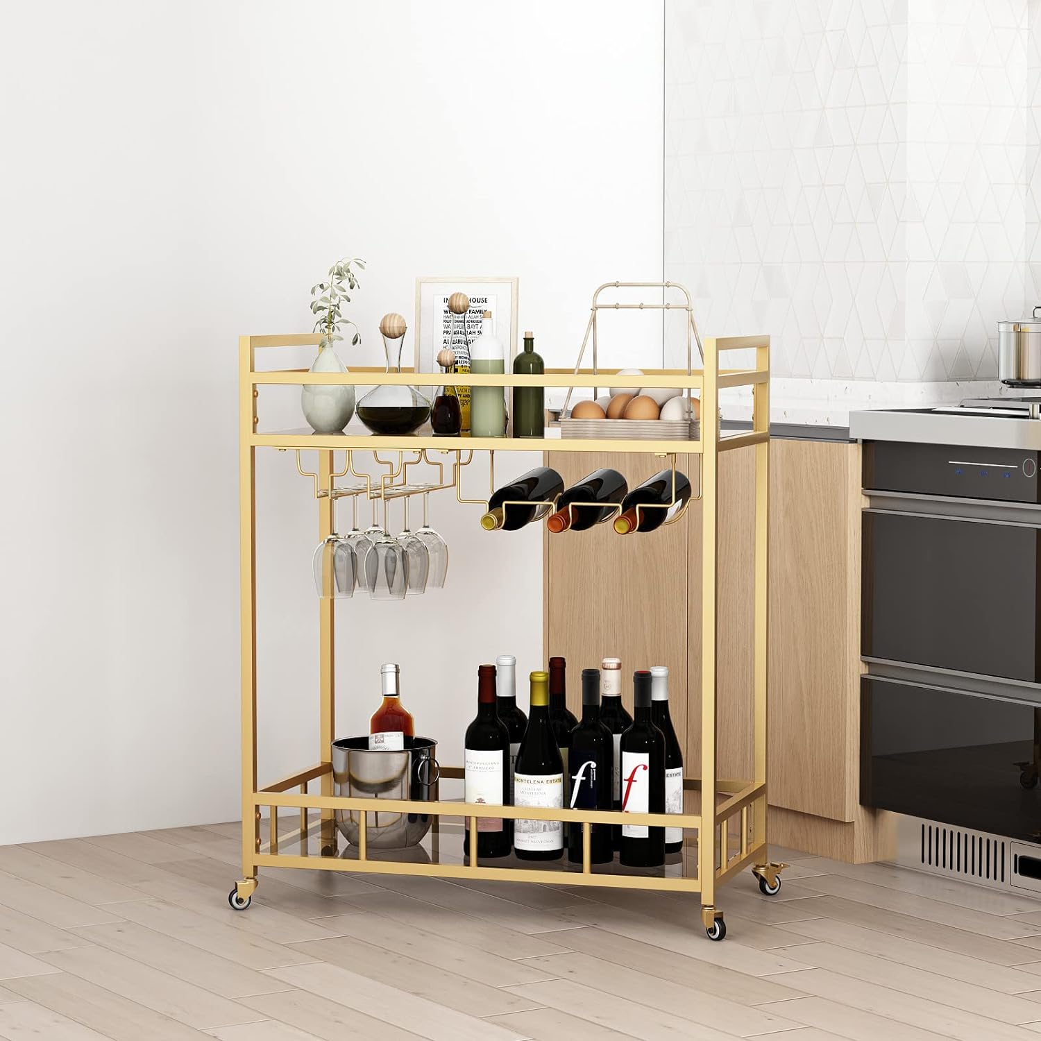 Matorino - Bar Cart, Serving Cart for Home, Microwave Cart, Drink Cart, Mobile Kitchen Shelf with Wine Rack and Glass Holder, Rolling Beverage Cart.