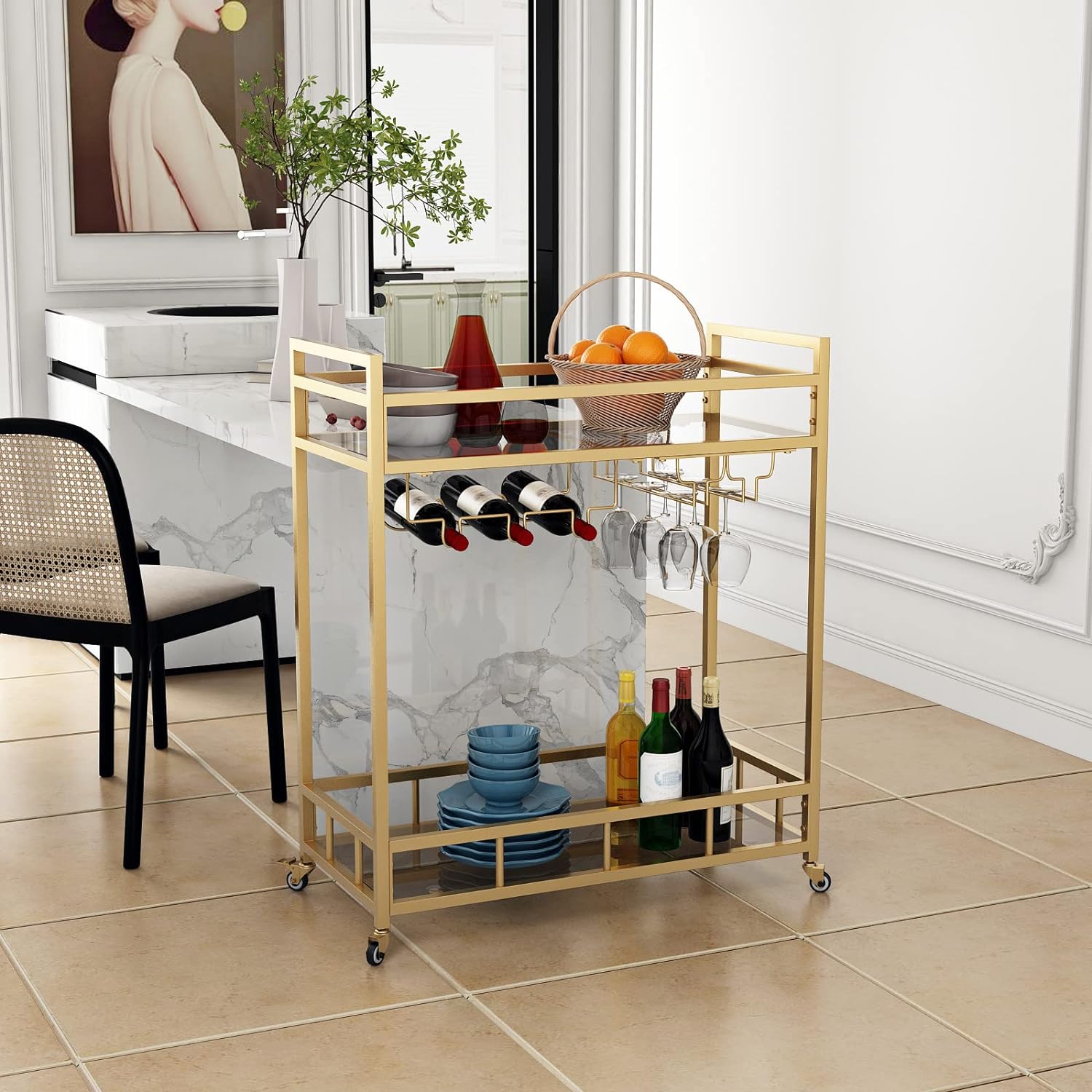 Matorino - Bar Cart, Serving Cart for Home, Microwave Cart, Drink Cart, Mobile Kitchen Shelf with Wine Rack and Glass Holder, Rolling Beverage Cart.