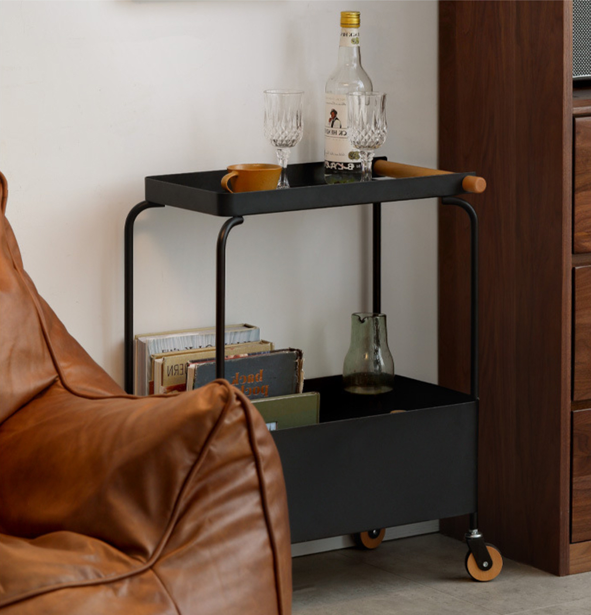 Matorino -Bar Serving Cart Black, Home Dining Cart with Wheels, Kitchen Storage Cart Wine Cart with 2 Shelves Holders, Metal Caddy for Kitchen, Dining Room.