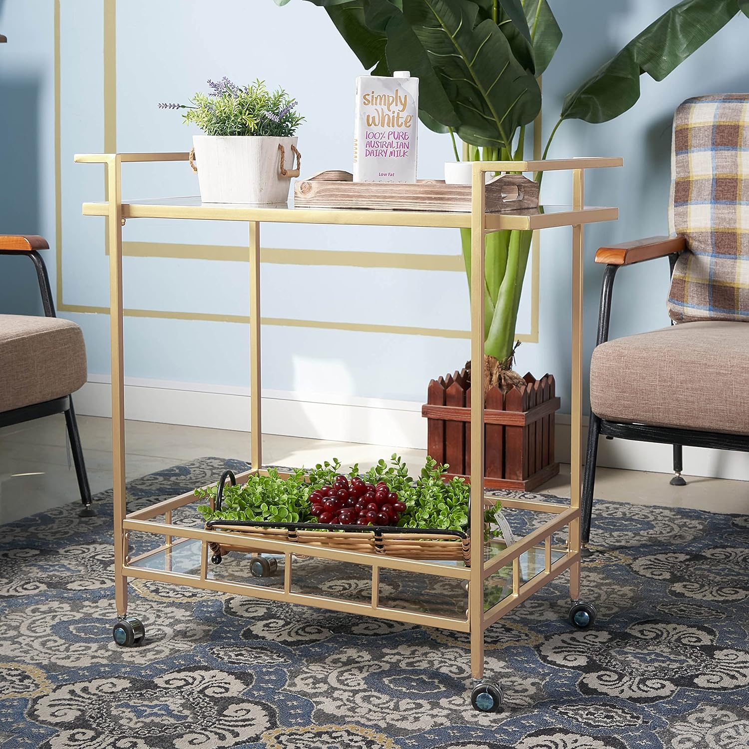 Matorino - Bar Cart, Serving Cart for Home, Microwave Cart, Drink Cart, Mobile Kitchen Shelf with Wine Rack and Glass Holder, Rolling Beverage Cart.
