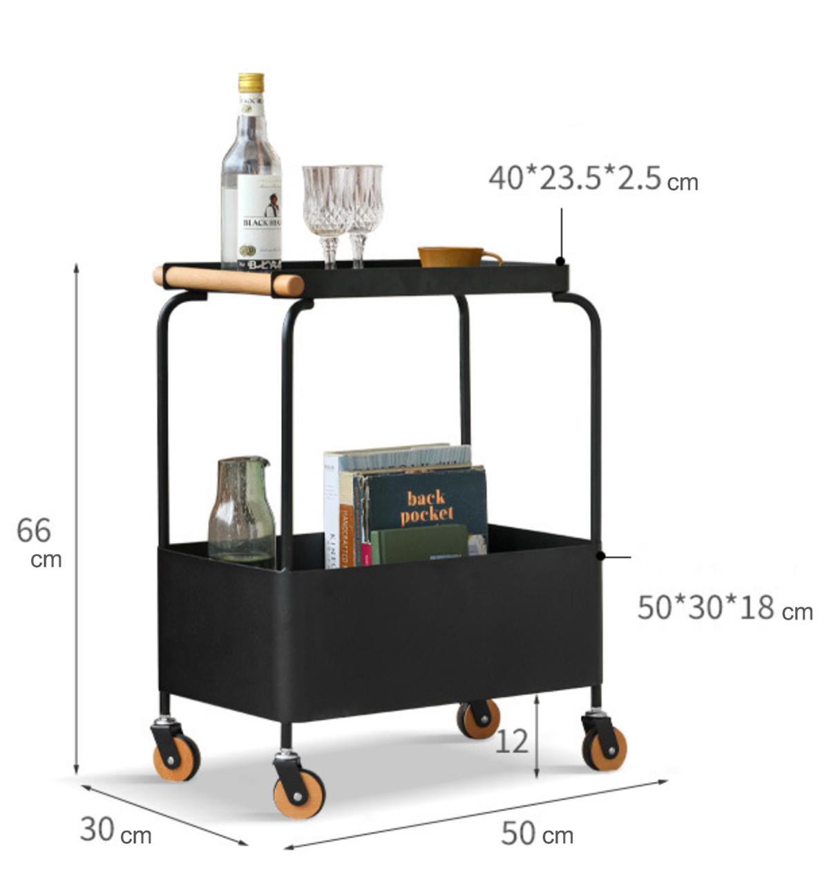 Matorino -Bar Serving Cart Black, Home Dining Cart with Wheels, Kitchen Storage Cart Wine Cart with 2 Shelves Holders, Metal Caddy for Kitchen, Dining Room.