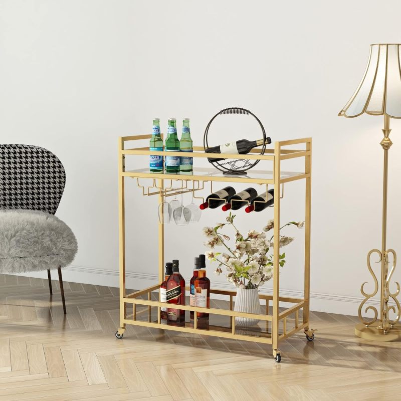 Matorino - Bar Cart, Serving Cart for Home, Microwave Cart, Drink Cart, Mobile Kitchen Shelf with Wine Rack and Glass Holder, Rolling Beverage Cart.