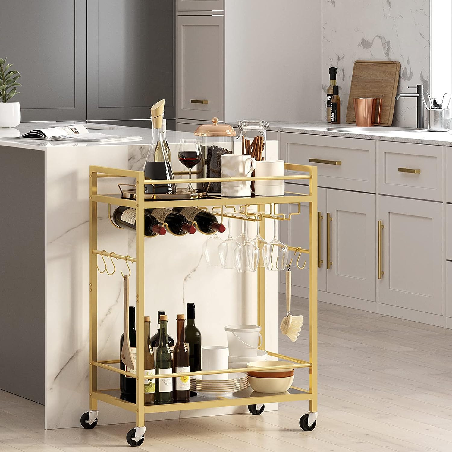 Matorino - Bar Cart, Serving Cart for Home, Microwave Cart, Drink Cart, Mobile Kitchen Shelf with Wine Rack and Glass Holder, Rolling Beverage Cart.