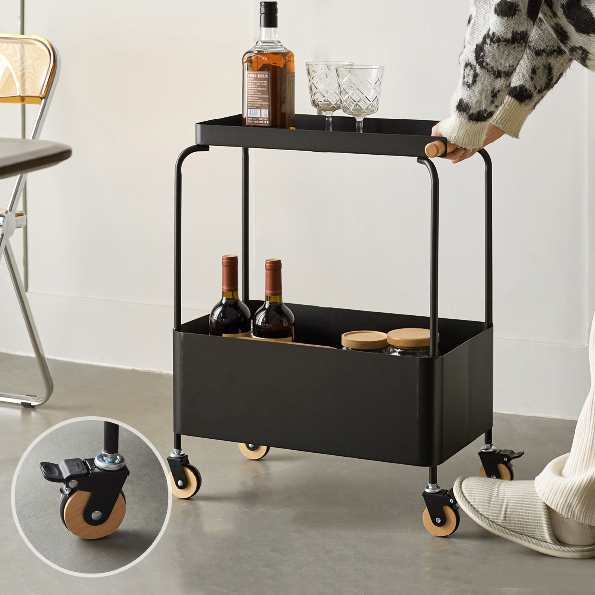 Matorino -Bar Serving Cart Black, Home Dining Cart with Wheels, Kitchen Storage Cart Wine Cart with 2 Shelves Holders, Metal Caddy for Kitchen, Dining Room.
