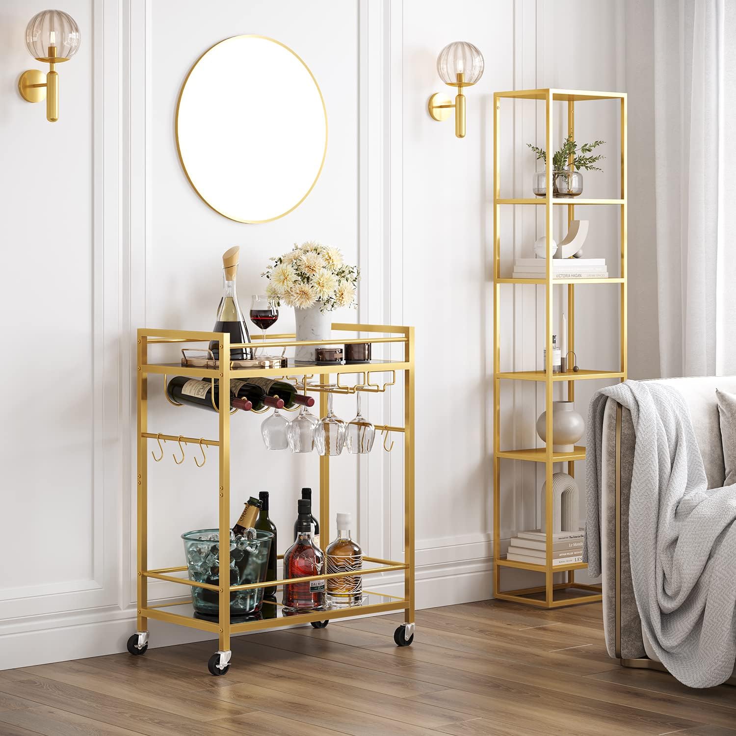 Matorino - Bar Cart, Serving Cart for Home, Microwave Cart, Drink Cart, Mobile Kitchen Shelf with Wine Rack and Glass Holder, Rolling Beverage Cart.