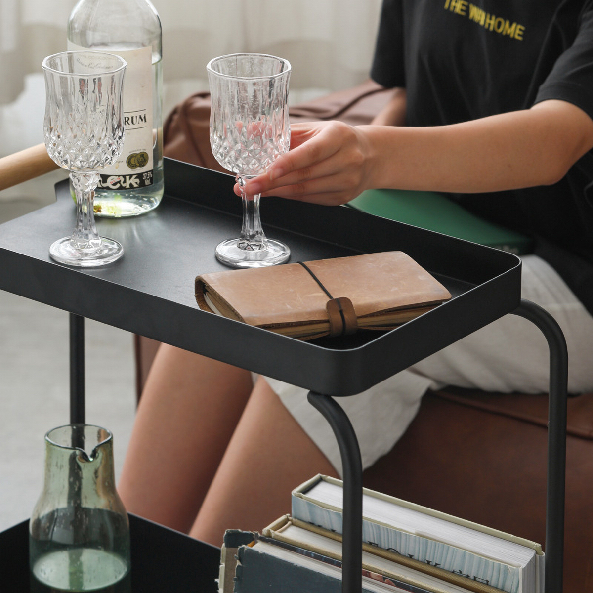 Matorino -Bar Serving Cart Black, Home Dining Cart with Wheels, Kitchen Storage Cart Wine Cart with 2 Shelves Holders, Metal Caddy for Kitchen, Dining Room.