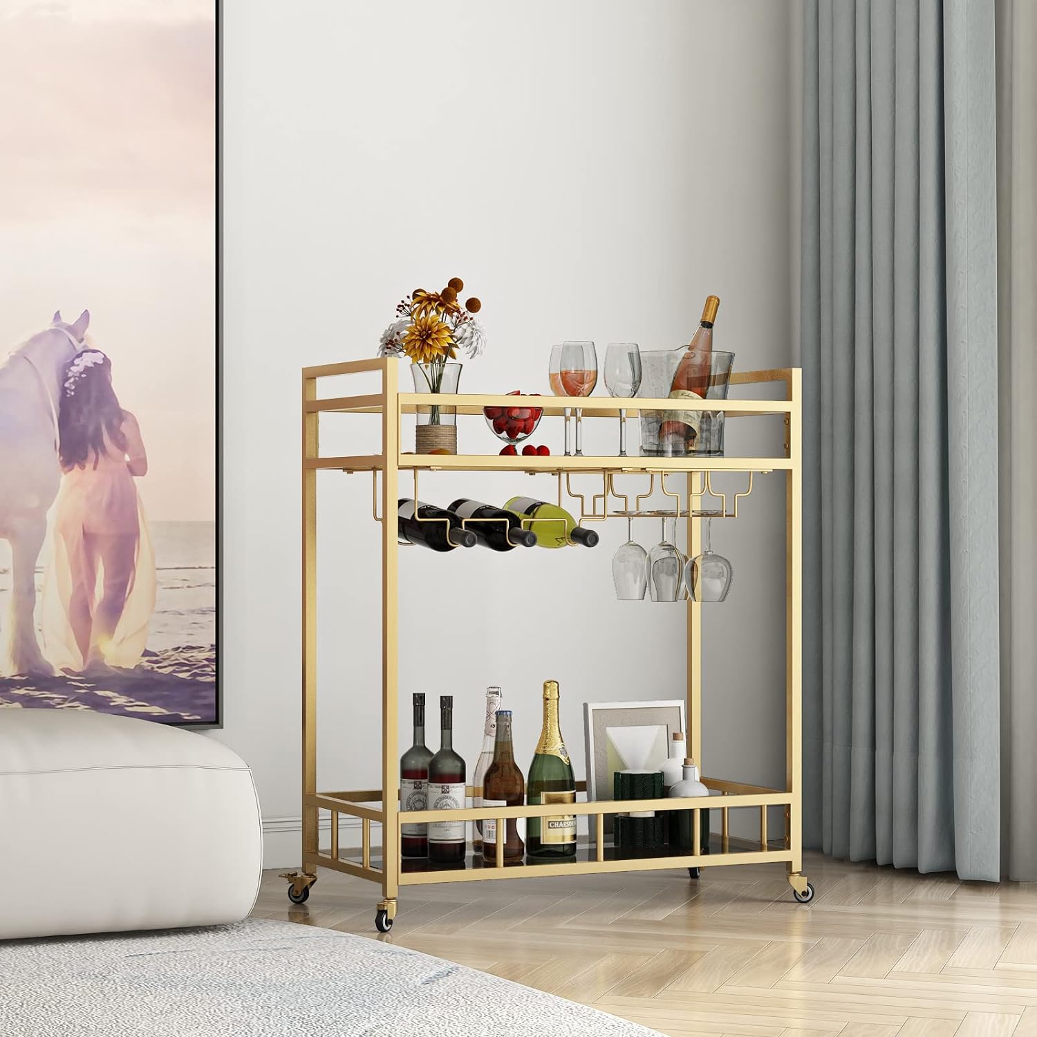 Matorino - Bar Cart, Serving Cart for Home, Microwave Cart, Drink Cart, Mobile Kitchen Shelf with Wine Rack and Glass Holder, Rolling Beverage Cart.