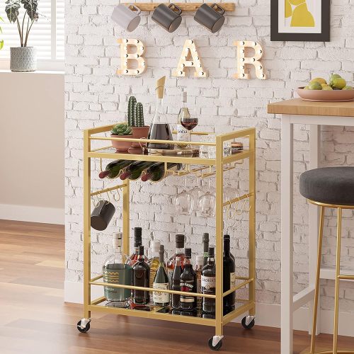 Matorino - Bar Cart, Serving Cart for Home, Microwave Cart, Drink Cart, Mobile Kitchen Shelf with Wine Rack and Glass Holder, Rolling Beverage Cart.