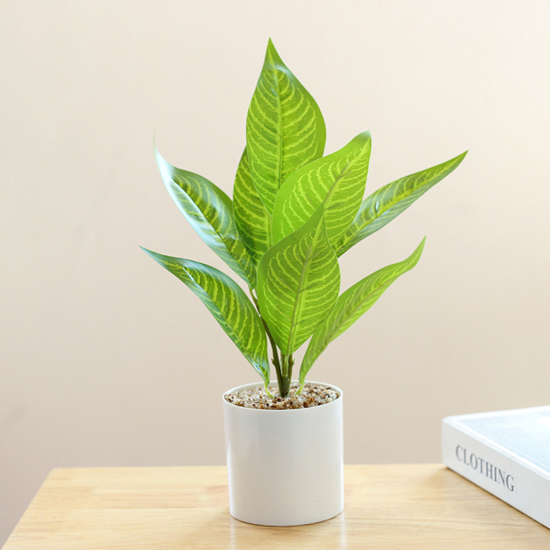Matorino -Fake Plants in Plastic Pot, Potted Artificial Plants for Home Decor Indoor, Faux Green Leaf Plant with Modern White Planter for Desk Shelf Office Room Decoration.