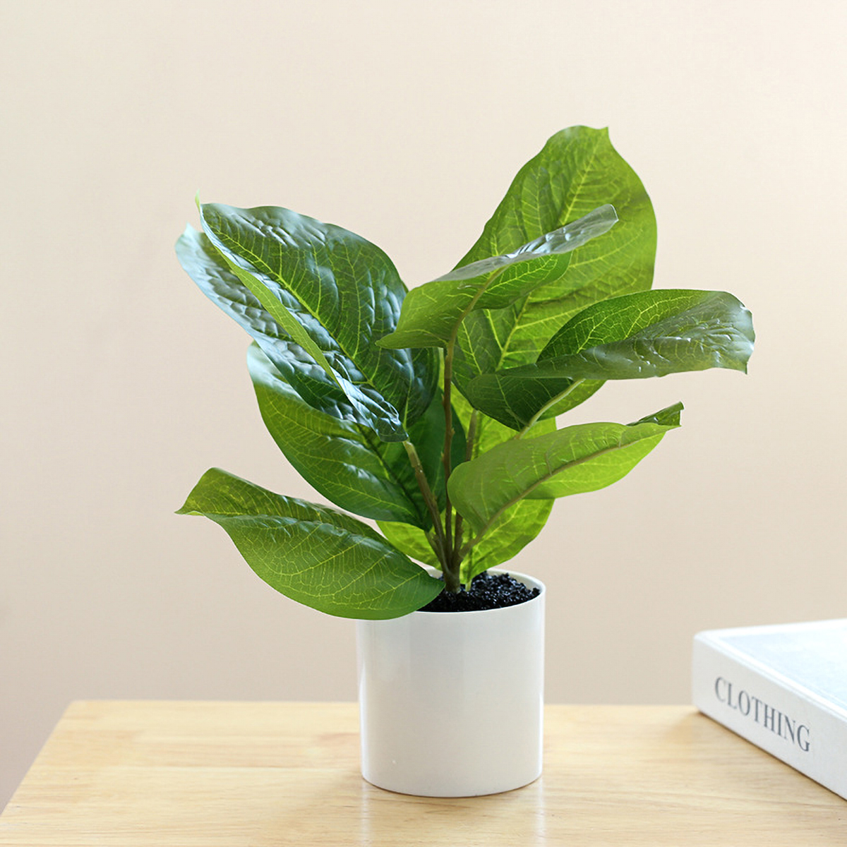 Matorino -Fake Plants in Plastic Pot, Potted Artificial Plants for Home Decor Indoor, Faux Green Leaf Plant with Modern White Planter for Desk Shelf Office Room Decoration.
