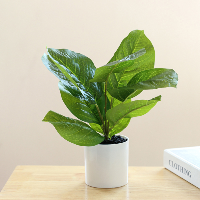 Matorino -Fake Plants in Plastic Pot, Potted Artificial Plants for Home Decor Indoor, Faux Green Leaf Plant with Modern White Planter for Desk Shelf Office Room Decoration.