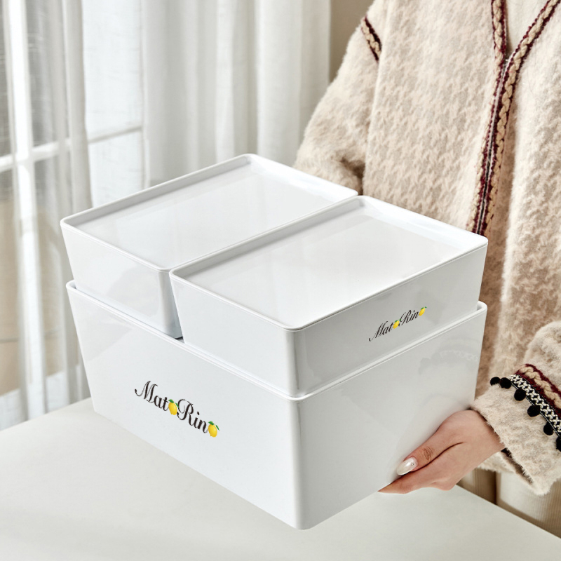 Matorino -PET Storage Organizer Box with Handle and Lids, Pull Stackable Box and Nestable Box, Storage Box Containers for Organizing Cloths and Shoes, White Plastic Storage Bin Tote Organizing File Box, for Pantry Organization.