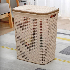 Matorino -Plastic Clothes Basket with Lid for Bedroom and Bathroom, Large Storage Basket, Slim Laundry Hamper, Wicker Design. Tall Laundry Basket with Bamboo Handles for Clothes and Toys.