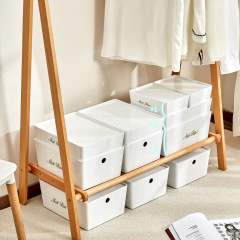 Matorino -PET Storage Organizer Box with Handle and Lids, Pull Stackable Box and Nestable Box, Storage Box Containers for Organizing Cloths and Shoes, White Plastic Storage Bin Tote Organizing File Box, for Pantry Organization.