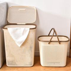Matorino -Plastic Clothes Basket with Lid for Bedroom and Bathroom, Large Storage Basket, Slim Laundry Hamper, Wicker Design. Tall Laundry Basket with Bamboo Handles for Clothes and Toys.
