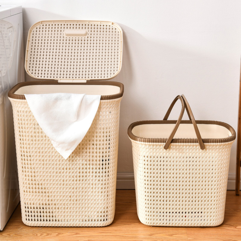 Matorino -Plastic Clothes Basket with Lid for Bedroom and Bathroom, Large Storage Basket, Slim Laundry Hamper, Wicker Design. Tall Laundry Basket with Bamboo Handles for Clothes and Toys.