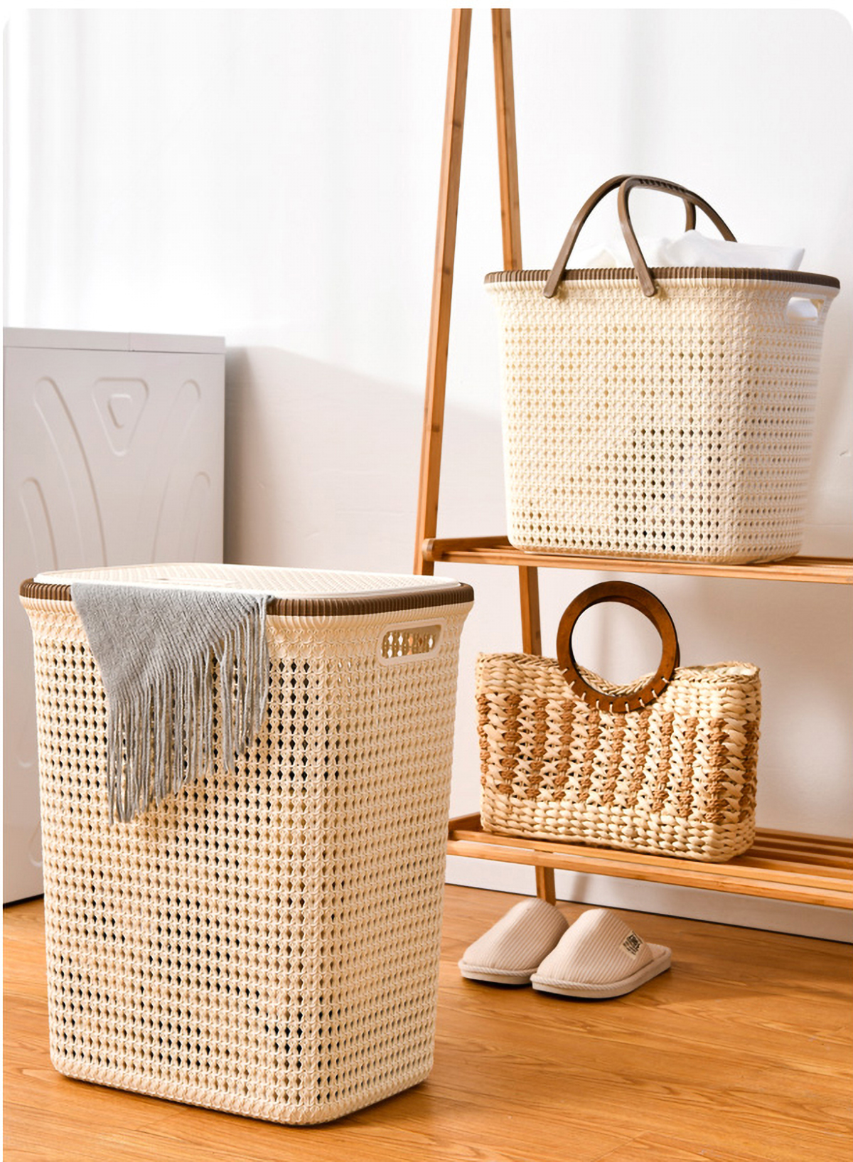 Matorino -Plastic Clothes Basket with Lid for Bedroom and Bathroom, Large Storage Basket, Slim Laundry Hamper, Wicker Design. Tall Laundry Basket with Bamboo Handles for Clothes and Toys.