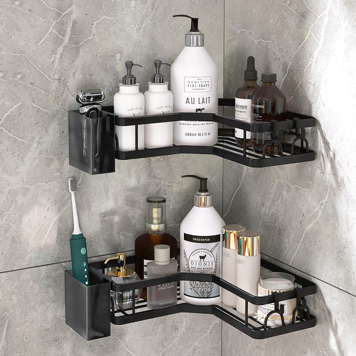 Matorino -Corner Shower Caddy, Adhesive Shower Organizer Shelves, Shower Storage,Large Capacity Anti-Rust Shower Shelf, Stainless Steel Bathroom Shower Storage Rack with Hooks&Toothpaste Holder for Bathroom, Dorm and Kitchen.