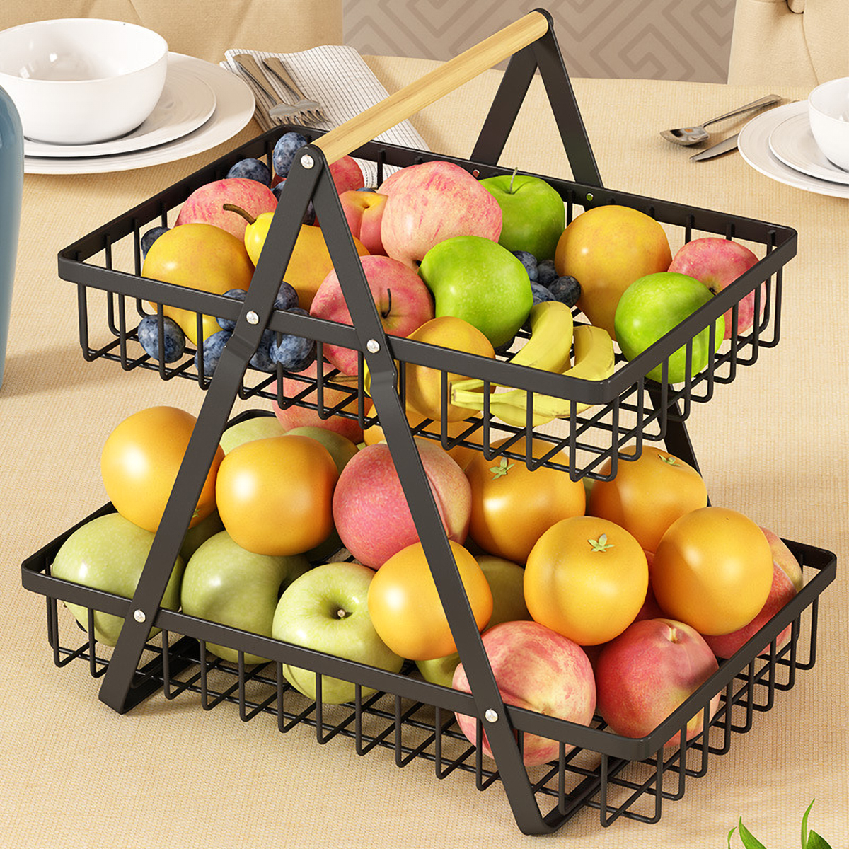 Matorino -2 Tier Countertop Fruit Basket,Portable Fruit Bowle Basket for Kitchen Organizer Storage & Dining Room Fruits Vegetable Bread Snacks, Detachable Metal Rectangle Basket Storage.