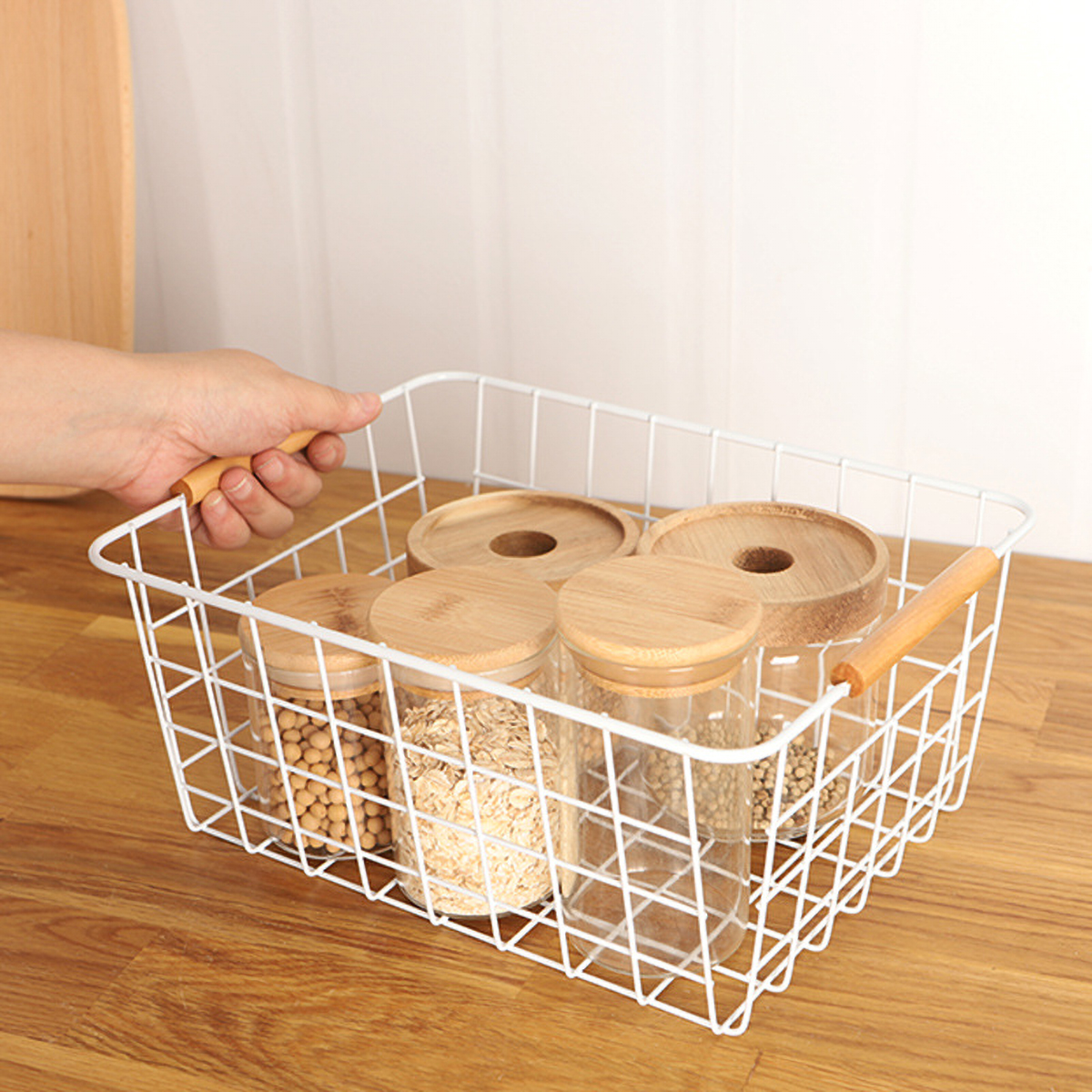 Matorino -Wire Storage Baskets for Organizing with Wood Handle, Pantry Organization Bins Cabinets - Metal Basket suitable for Kitchen, Laundry, Garage, Fridge, Bathroom Countertop Organizer.