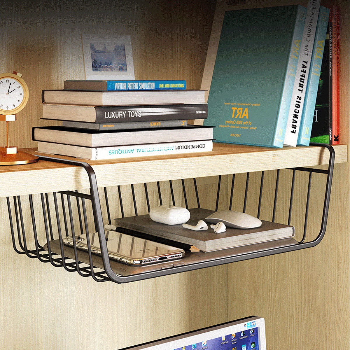 Matorino -Storage Basket Under Shelf, Wire Basket Household Metal Under Shelf, Hanging Storage Bin Basket Slides Under Shelves for Storage Space Saving for Kitchen Pantry Bookshelf Cabinet.