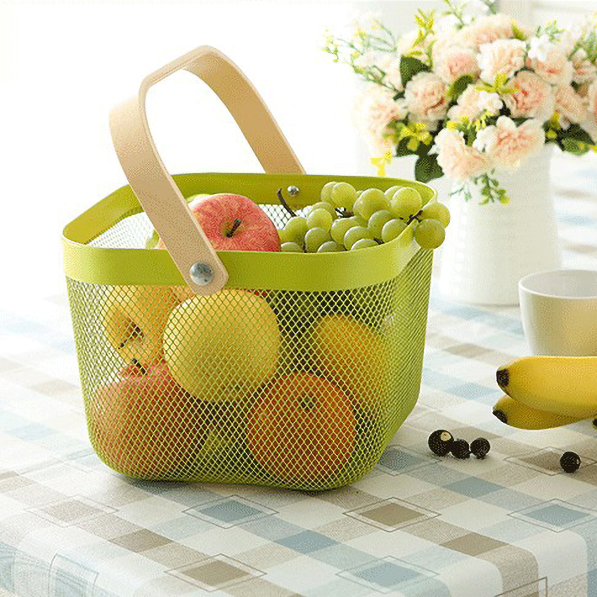 Matorino -Metal Mesh Steel Baskets with Wood Handle, Fruit Vegetable Wire Storage Organizer Bins for Kitchen Bathroom Pantry Organization, Garden, Picnic.