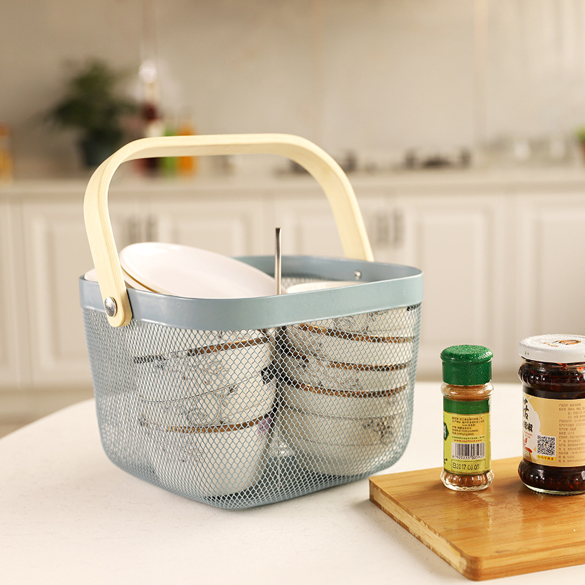 Matorino -Metal Mesh Steel Baskets with Wood Handle, Fruit Vegetable Wire Storage Organizer Bins for Kitchen Bathroom Pantry Organization, Garden, Picnic.