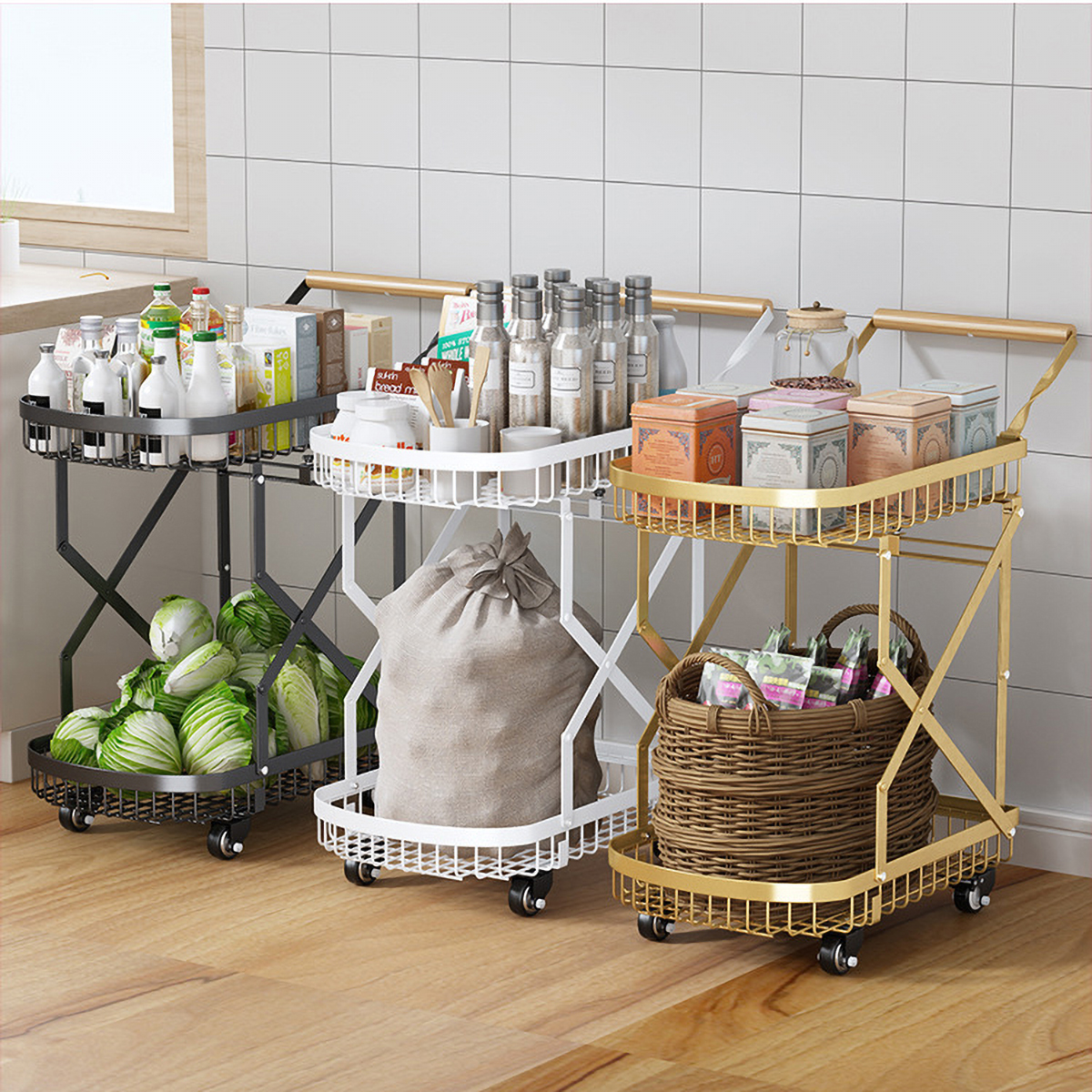 Matorino -2 Tier Foldable Storage Cart, Metal Utility Cart with 360° Rolling Swivel Wheels, Multi Functional Collapsible Carts Rolling, Kitchen Storage Cart for Pantry Bathroom Office Shopping.