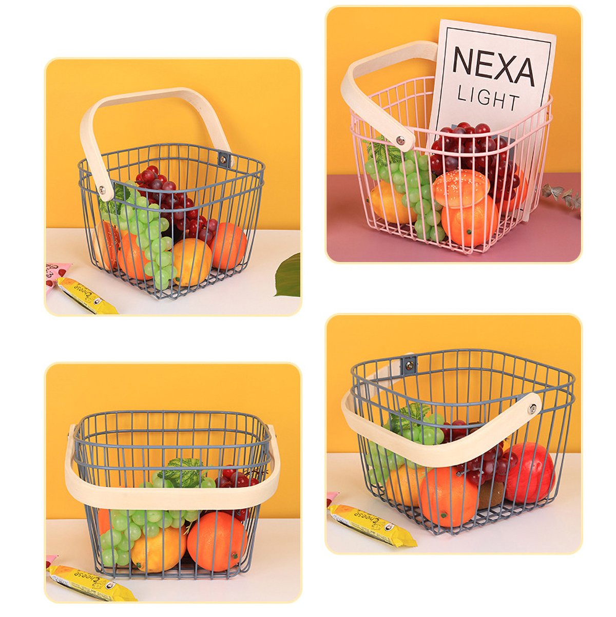 Matorino -Metal Wire Steel Basket, Storage Organizer Basket Multi-functional, Hanging Kitchen Baskets, Fruit Basket Bin with Bamboo Handle, for Kitchen Bathroom Picnic Shopping Decor Cabinet Home.