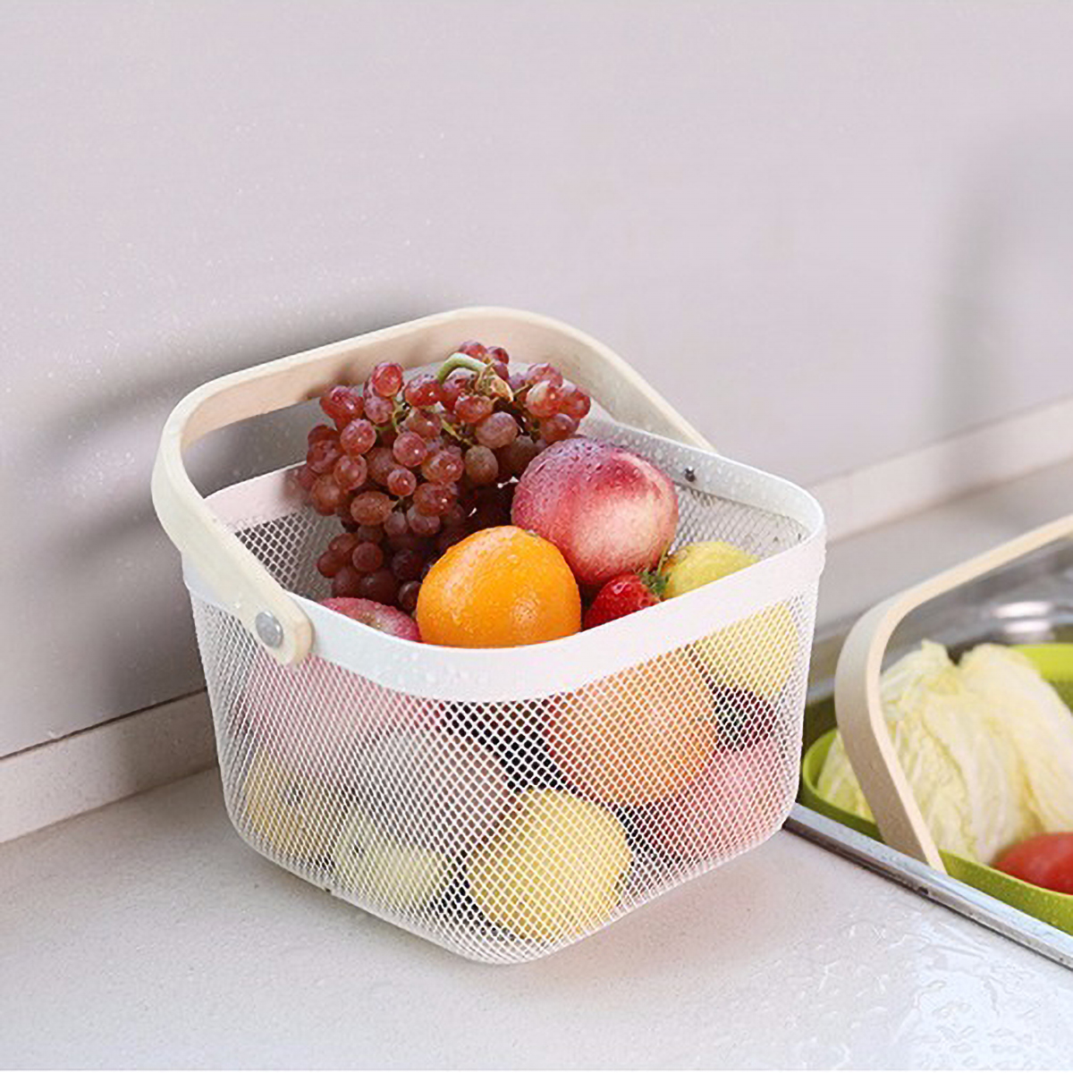 Matorino -Metal Mesh Steel Baskets with Wood Handle, Fruit Vegetable Wire Storage Organizer Bins for Kitchen Bathroom Pantry Organization, Garden, Picnic.