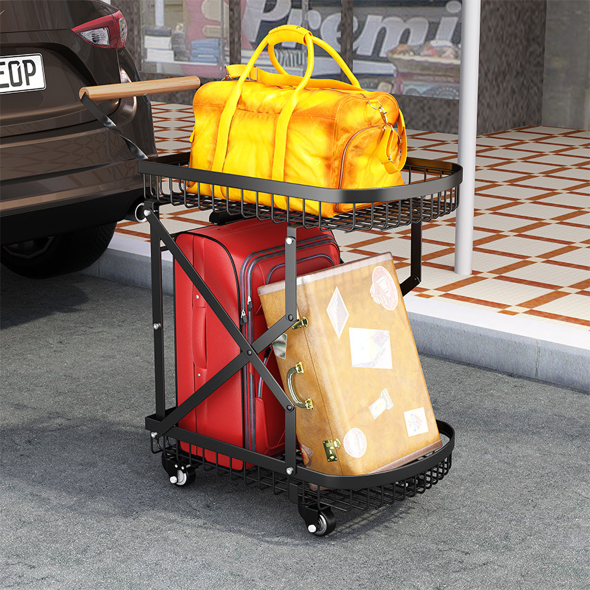 Matorino -2 Tier Foldable Storage Cart, Metal Utility Cart with 360° Rolling Swivel Wheels, Multi Functional Collapsible Carts Rolling, Kitchen Storage Cart for Pantry Bathroom Office Shopping.