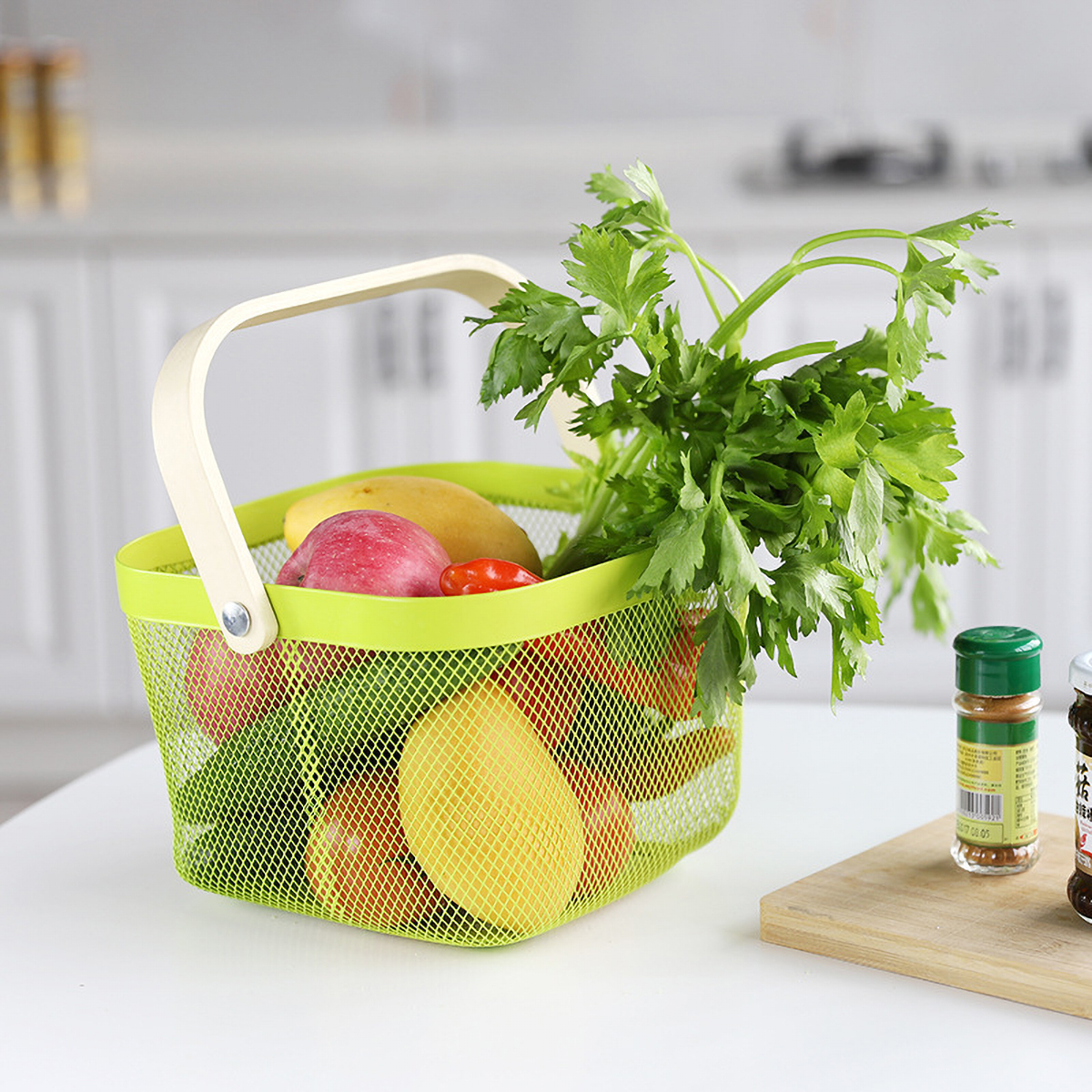 Matorino -Metal Mesh Steel Baskets with Wood Handle, Fruit Vegetable Wire Storage Organizer Bins for Kitchen Bathroom Pantry Organization, Garden, Picnic.
