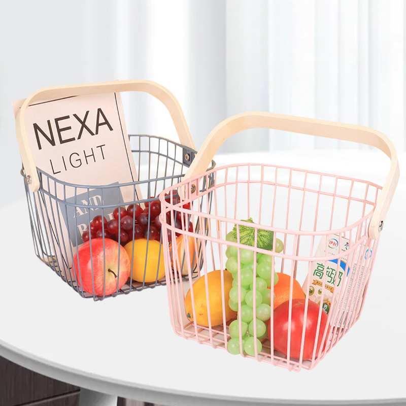 Matorino -Metal Wire Steel Basket, Storage Organizer Basket Multi-functional, Hanging Kitchen Baskets, Fruit Basket Bin with Bamboo Handle, for Kitchen Bathroom Picnic Shopping Decor Cabinet Home.