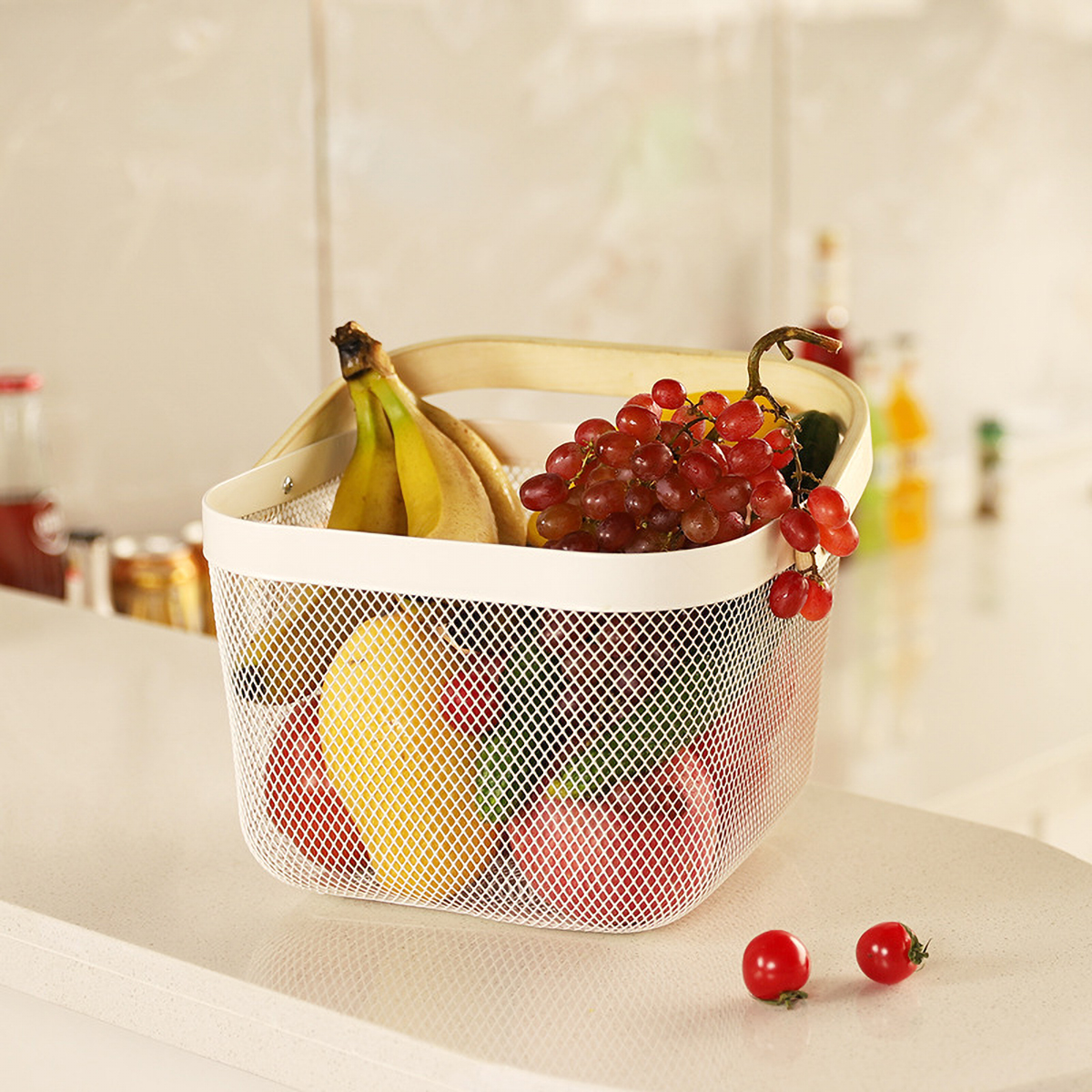Matorino -Metal Mesh Steel Baskets with Wood Handle, Fruit Vegetable Wire Storage Organizer Bins for Kitchen Bathroom Pantry Organization, Garden, Picnic.