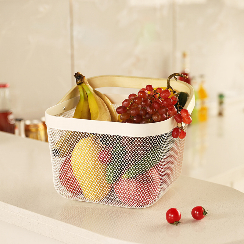 Matorino -Metal Mesh Steel Baskets with Wood Handle, Fruit Vegetable Wire Storage Organizer Bins for Kitchen Bathroom Pantry Organization, Garden, Picnic.