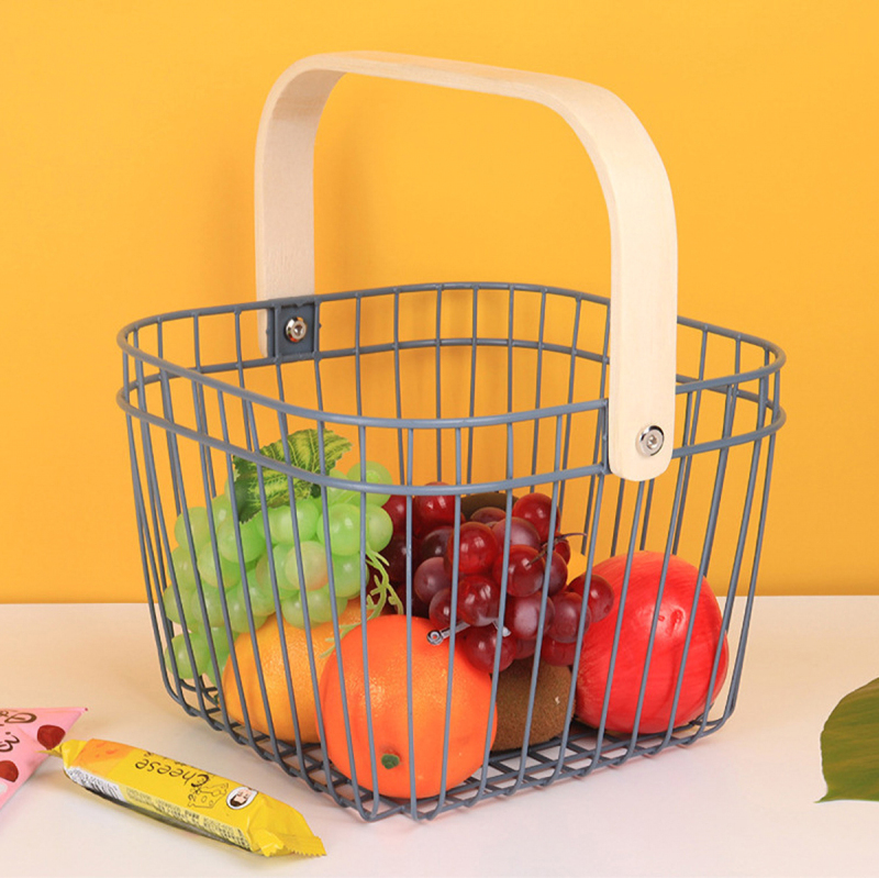 Matorino -Metal Wire Steel Basket, Storage Organizer Basket Multi-functional, Hanging Kitchen Baskets, Fruit Basket Bin with Bamboo Handle, for Kitchen Bathroom Picnic Shopping Decor Cabinet Home.