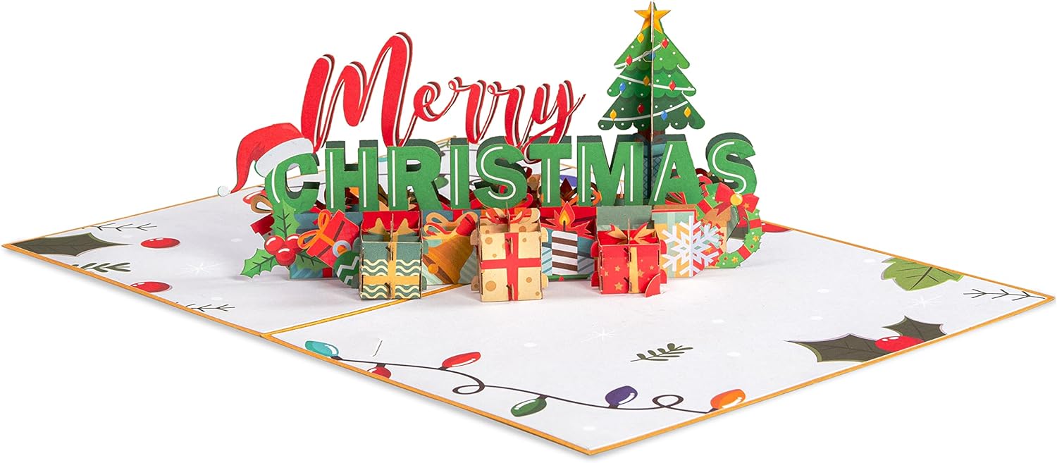 Matorino-Merry Christmas Words Card with Lights and Music, 6 Christmas Melody with Matching Flashing Lights, Funny 3D Christmas Greeting Cards with Envelopes for Winter Holiday Xmas Gift