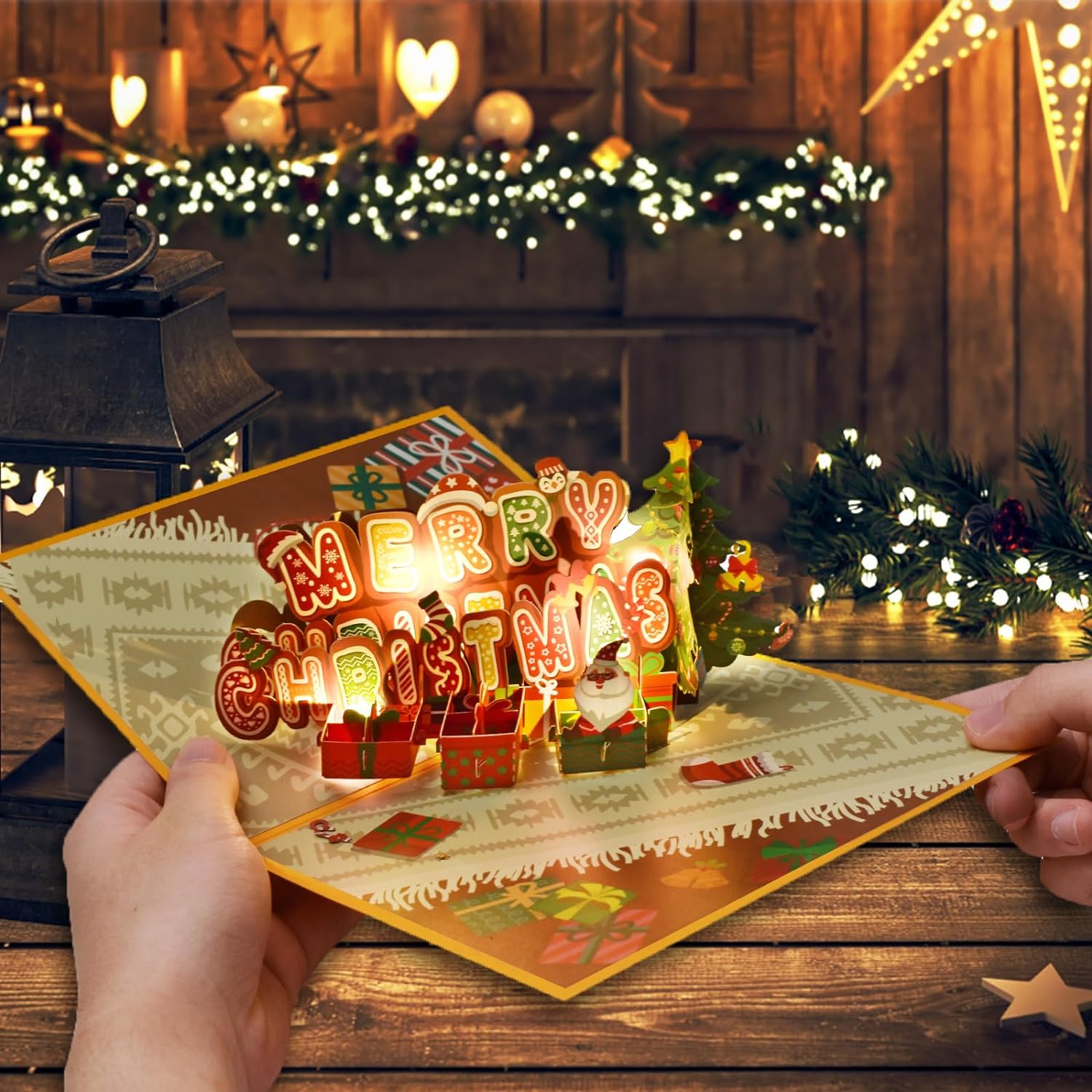 Matorino-Merry Christmas Words Card with Lights and Music, 6 Christmas Melody with Matching Flashing Lights, Funny 3D Christmas Greeting Cards with Envelopes for Winter Holiday Xmas Gift