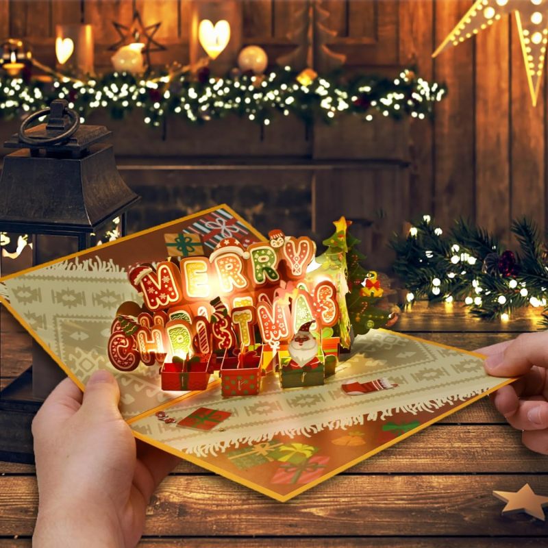 Matorino-Merry Christmas Words Card with Lights and Music, 6 Christmas Melody with Matching Flashing Lights, Funny 3D Christmas Greeting Cards with Envelopes for Winter Holiday Xmas Gift